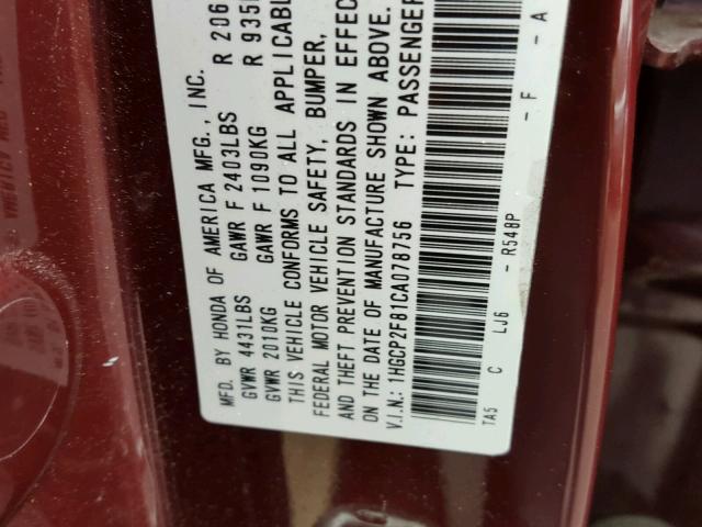 1HGCP2F81CA078756 - 2012 HONDA ACCORD EXL BURGUNDY photo 10