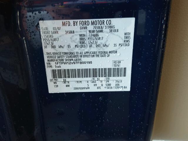 1FTPW12V97FB00195 - 2007 FORD F150 SUPER BLUE photo 10