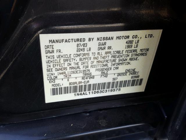 1N4AL11D63C319575 - 2003 NISSAN ALTIMA BAS BLACK photo 10