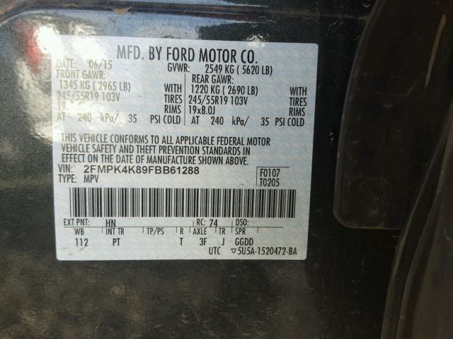 2FMPK4K89FBB61288 - 2015 FORD EDGE BLACK photo 10