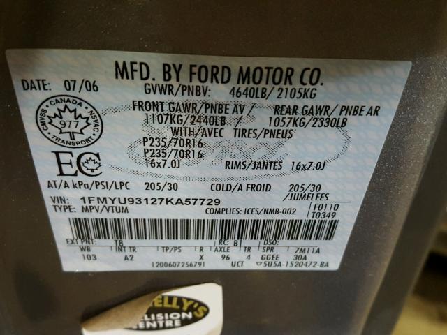 1FMYU93127KA57729 - 2007 FORD ESCAPE XLT GRAY photo 10