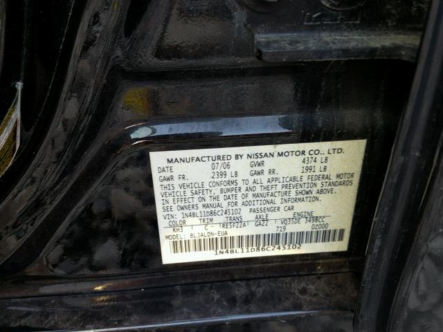 1N4BL11D86C245102 - 2006 NISSAN ALTIMA SE BLACK photo 10