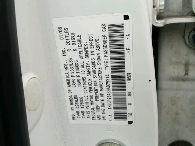 1HGCP26438A075314 - 2008 HONDA ACCORD LXP WHITE photo 10