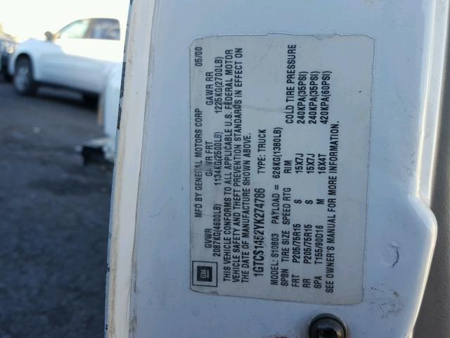 1GTCS1452YK274786 - 2000 GMC SONOMA WHITE photo 10