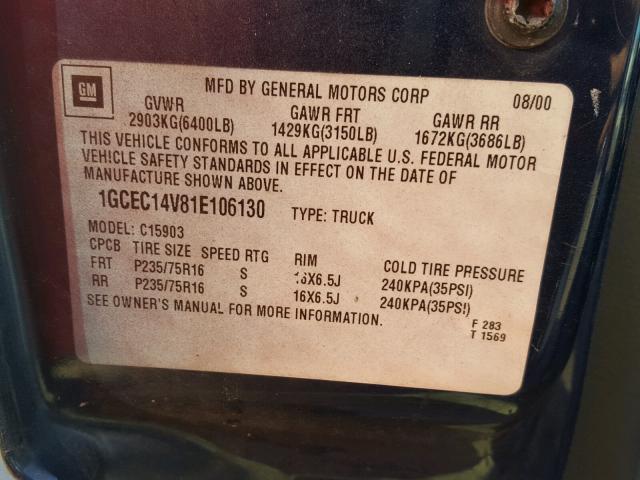 1GCEC14V81E106130 - 2001 CHEVROLET SILVERADO BLUE photo 10