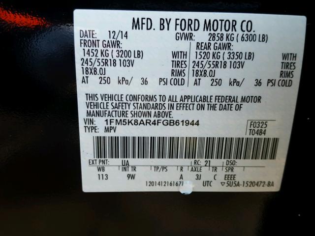 1FM5K8AR4FGB61944 - 2015 FORD EXPLORER P BLACK photo 10