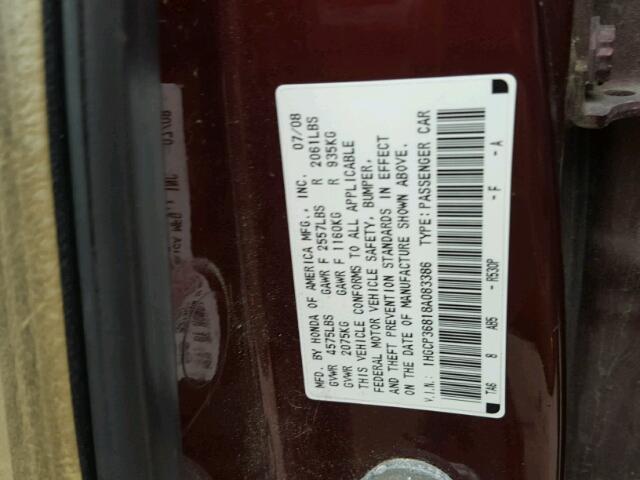 1HGCP36818A083386 - 2008 HONDA ACCORD EXL PURPLE photo 10