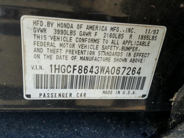 1HGCF8643WA067264 - 1998 HONDA ACCORD DX BLACK photo 10