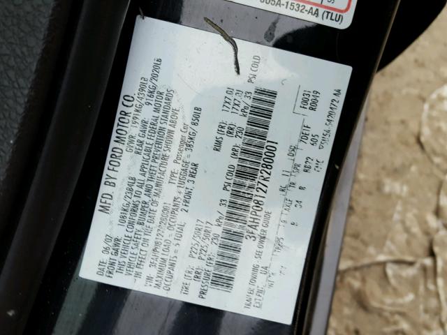 3FAHP08127R280001 - 2007 FORD FUSION SEL BLACK photo 10