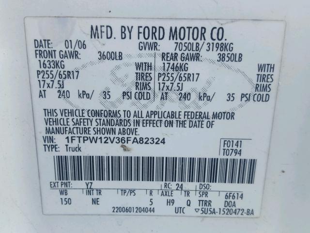 1FTPW12V36FA82324 - 2006 FORD F150 SUPER WHITE photo 10