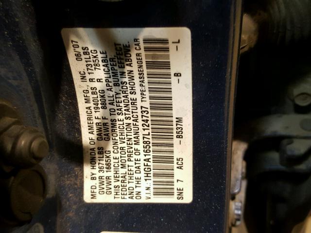 1HGFA16587L124737 - 2007 HONDA CIVIC LX BLUE photo 10