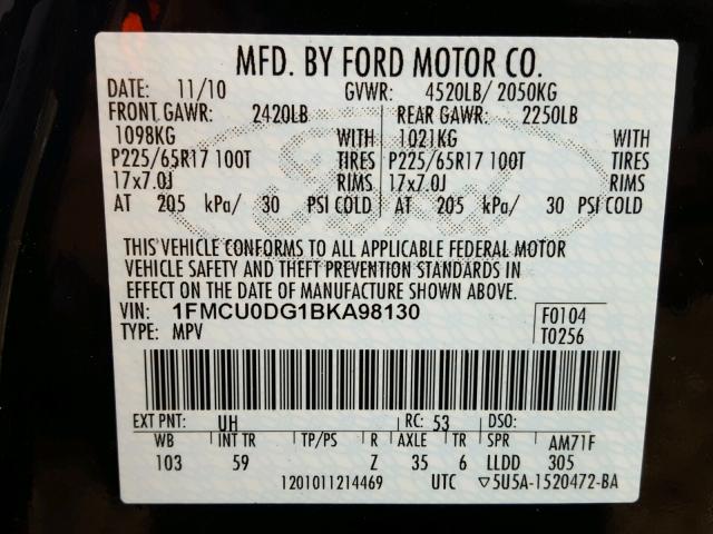 1FMCU0DG1BKA98130 - 2011 FORD ESCAPE XLT BLACK photo 10