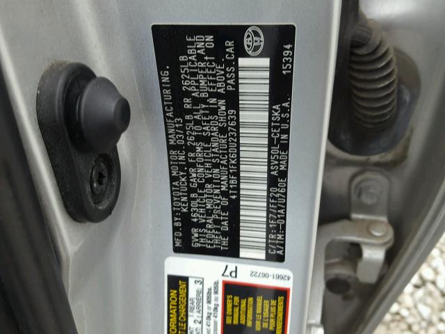 4T1BF1FK6DU237639 - 2013 TOYOTA CAMRY L 银色 照片 10