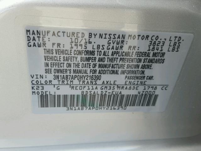 3N1AB7AP0HY216390 - 2017 NISSAN SENTRA S SILVER photo 10