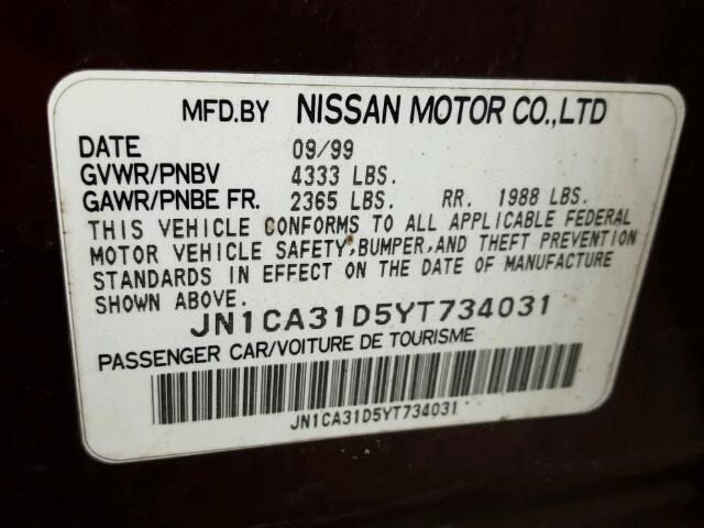 JN1CA31D5YT734031 - 2000 NISSAN MAXIMA GLE MAROON photo 10