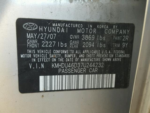 KMHDU46D37U244232 - 2007 HYUNDAI ELANTRA GL SILVER photo 10