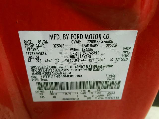 1FTPX14546NB03083 - 2006 FORD F150 RED photo 10