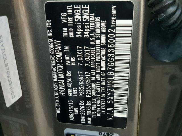 5XYZU3LB7GG336002 - 2016 HYUNDAI SANTA FE S 灰色 照片 10