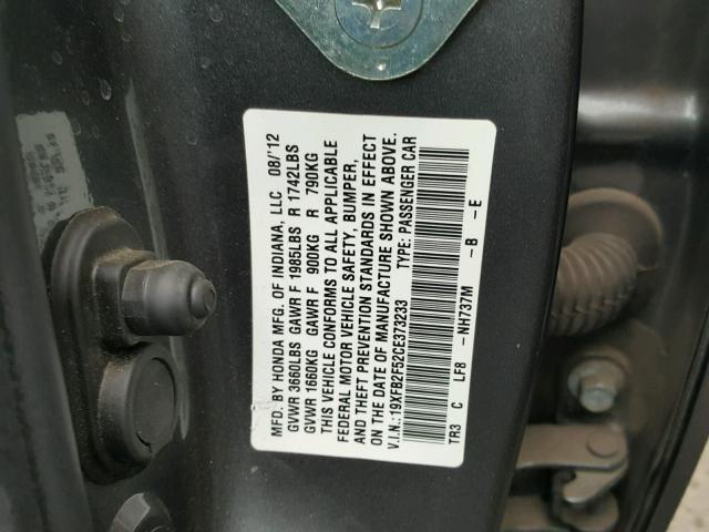 19XFB2F52CE373233 - 2012 HONDA CIVIC LX GRAY photo 10