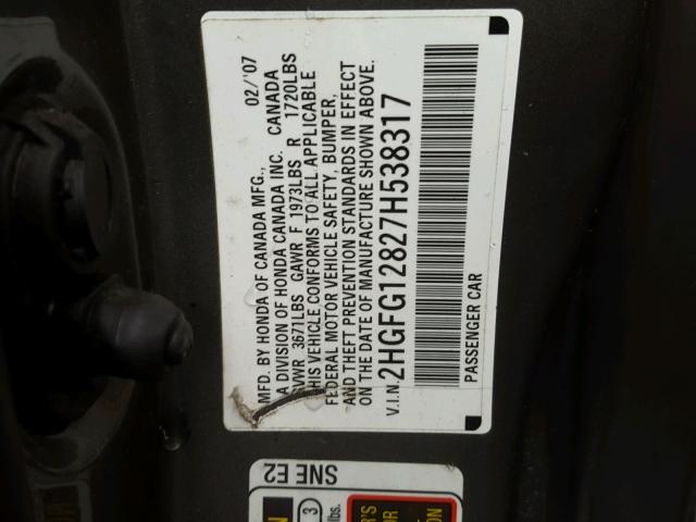 2HGFG12827H538317 - 2007 HONDA CIVIC EX GOLD photo 10