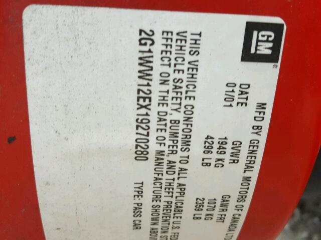 2G1WW12EX19270280 - 2001 CHEVROLET MONTE CARL წითელი ფოტო 10