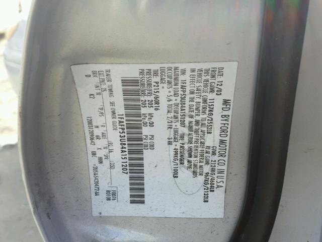 1FAFP53U84A151207 - 2004 FORD TAURUS SE SILVER photo 10