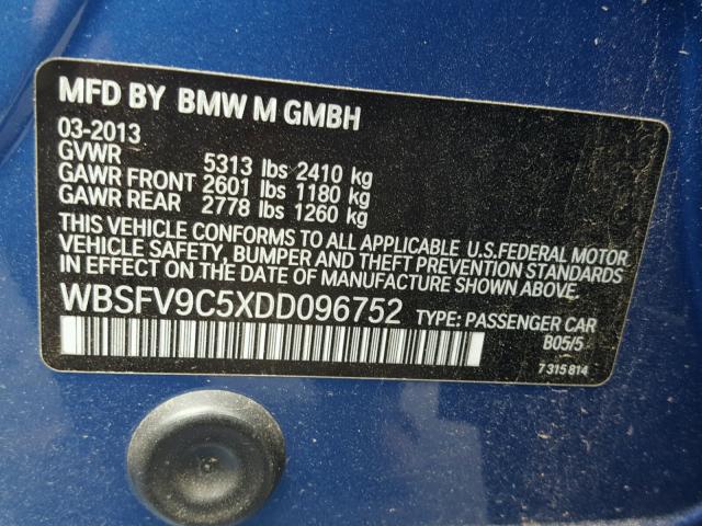 WBSFV9C5XDD096752 - 2013 BMW M5 BLUE photo 10