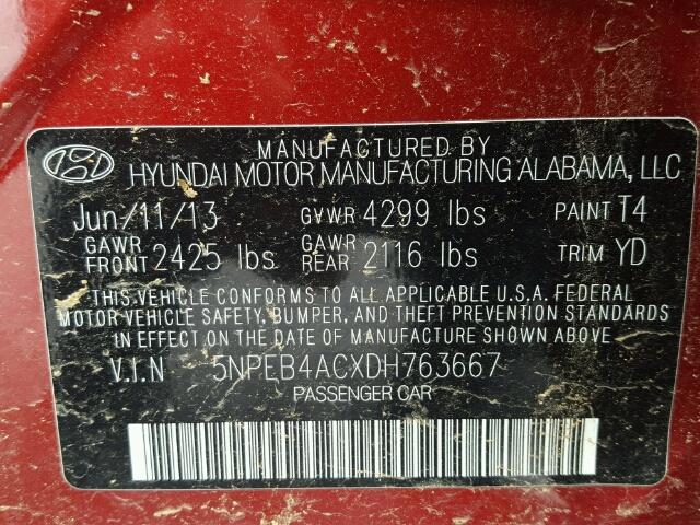 5NPEB4ACXDH763667 - 2013 HYUNDAI SONATA GLS RED photo 10