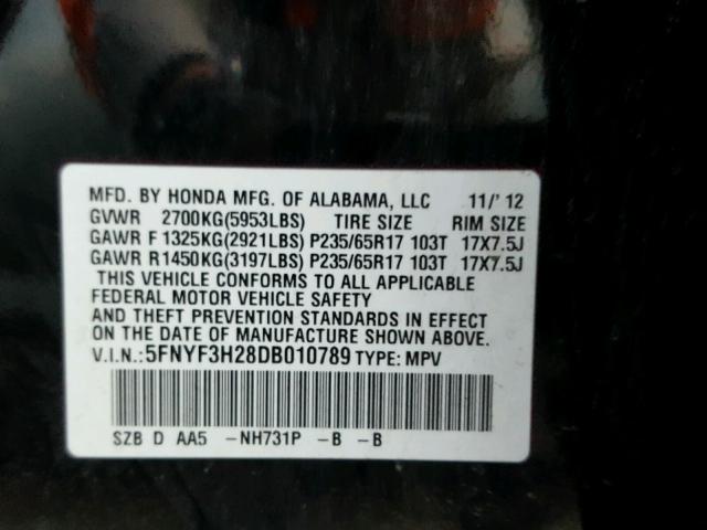 5FNYF3H28DB010789 - 2013 HONDA PILOT LX BLACK photo 10