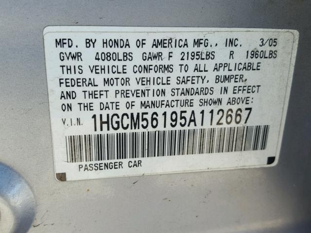 1HGCM56195A112667 - 2005 HONDA ACCORD DX SILVER photo 10