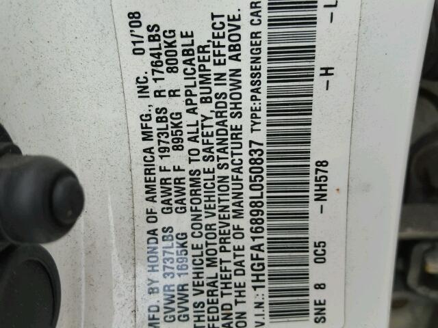 1HGFA16898L050837 - 2008 HONDA CIVIC EX თეთრი ფოტო 10