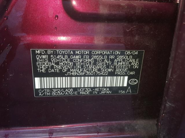 JTHBN36F350175422 - 2005 LEXUS LS 430 MAROON photo 10