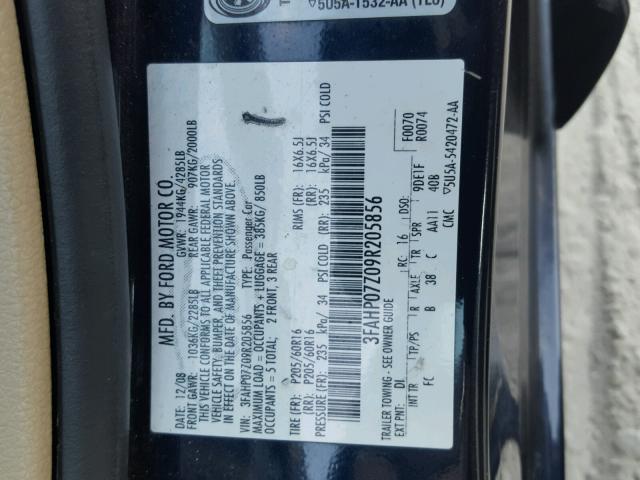 3FAHP07Z09R205856 - 2009 FORD FUSION SE BLUE photo 10