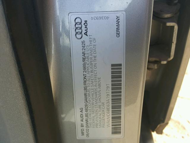 WAUVC68E63A191791 - 2003 AUDI A4 SILVER photo 10