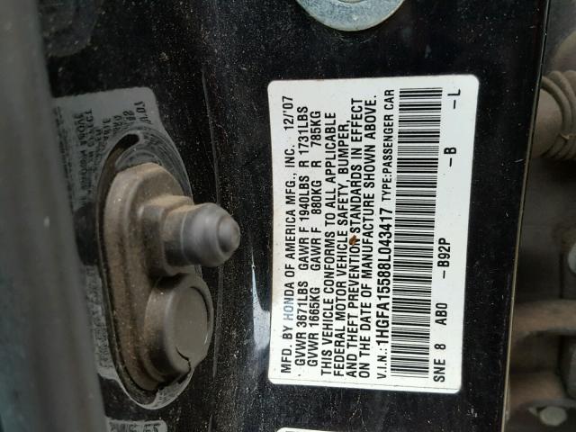 1HGFA15588L043417 - 2008 HONDA CIVIC LX BLACK photo 10