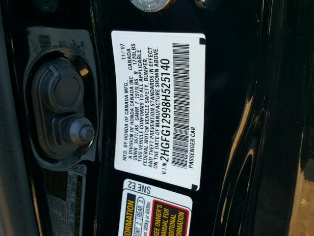 2HGFG12998H525140 - 2008 HONDA CIVIC EXL BLACK photo 10