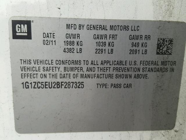 1G1ZC5EU2BF287325 - 2011 CHEVROLET MALIBU 1LT 白色 照片 10