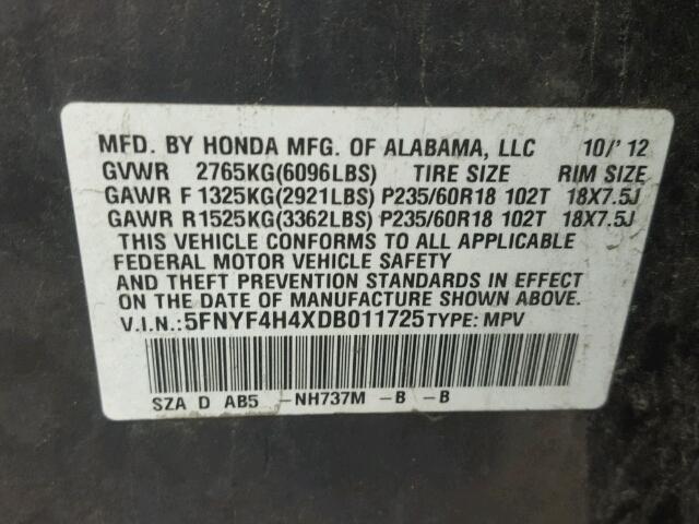 5FNYF4H4XDB011725 - 2013 HONDA PILOT EX GRAY photo 10