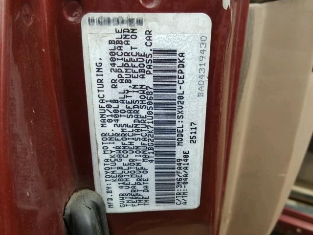 4T1BG22K71U050687 - 2001 TOYOTA CAMRY CE RED photo 10