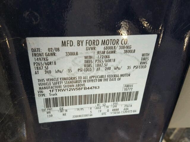 1FTRW12W58FB44763 - 2008 FORD F150 SUPER BLUE photo 10