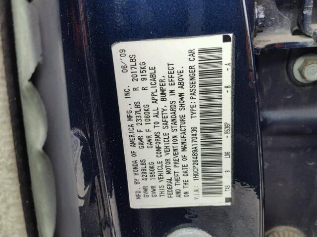 1HGCP26489A170436 - 2009 HONDA ACCORD LXP BLUE photo 10