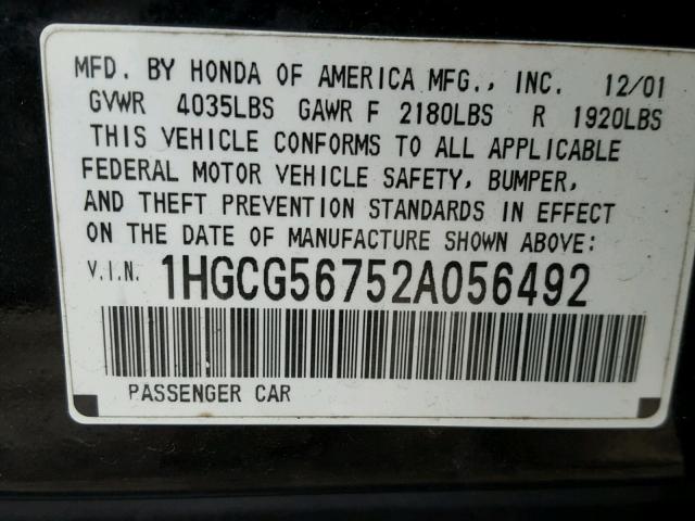 1HGCG56752A056492 - 2002 HONDA ACCORD SE BLACK photo 10