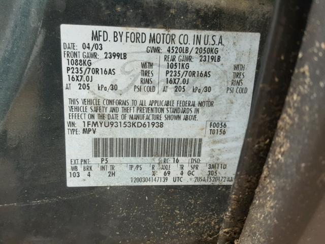 1FMYU93153KD61938 - 2003 FORD ESCAPE XLT GREEN photo 10