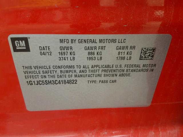 1G1JC5SH3C4184822 - 2012 CHEVROLET SONIC LT RED photo 10