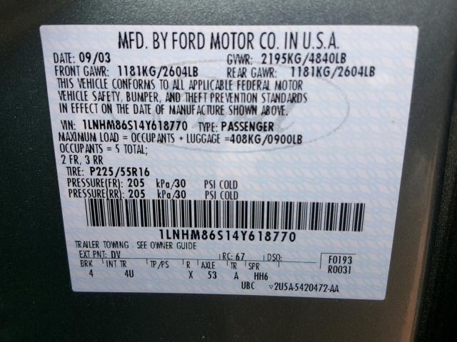 1LNHM86S14Y618770 - 2004 LINCOLN LS 绿色 照片 10