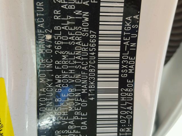 4T1BK3DB7CU456697 - 2012 TOYOTA AVALON BAS 白色 照片 10