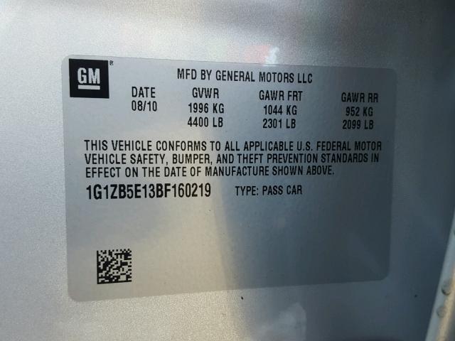 1G1ZB5E13BF160219 - 2011 CHEVROLET MALIBU LS SILVER photo 10