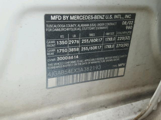 4JGAB54EX3A382193 - 2003 MERCEDES-BENZ ML 320 WHITE photo 10