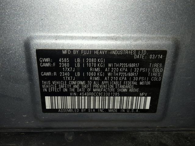 4S4BRBCC9E3301285 - 2014 SUBARU OUTBACK 2. SILVER photo 10