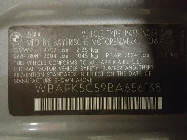 WBAPK5C59BA656138 - 2011 BMW 328 XI SUL GRAY photo 10